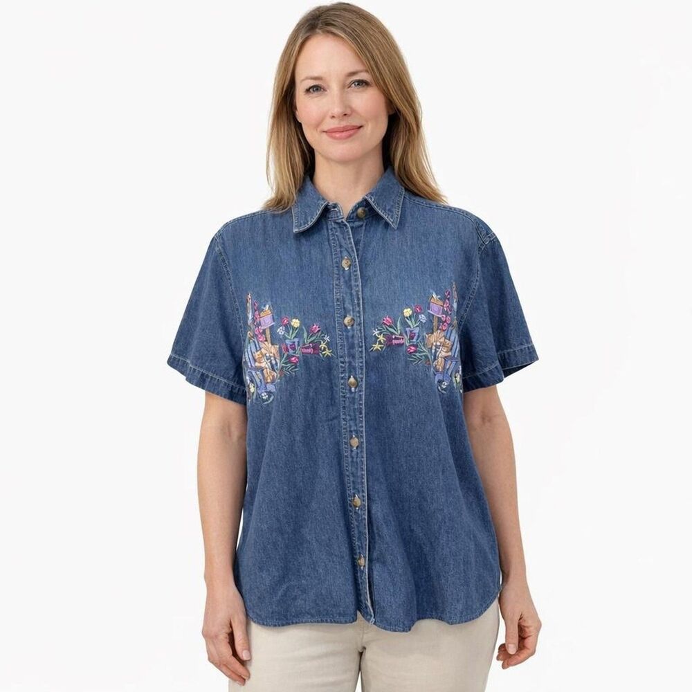 Floral Cat Embroidered Denim Shirt Small Jean Short Sleeve Boho Cottagecore